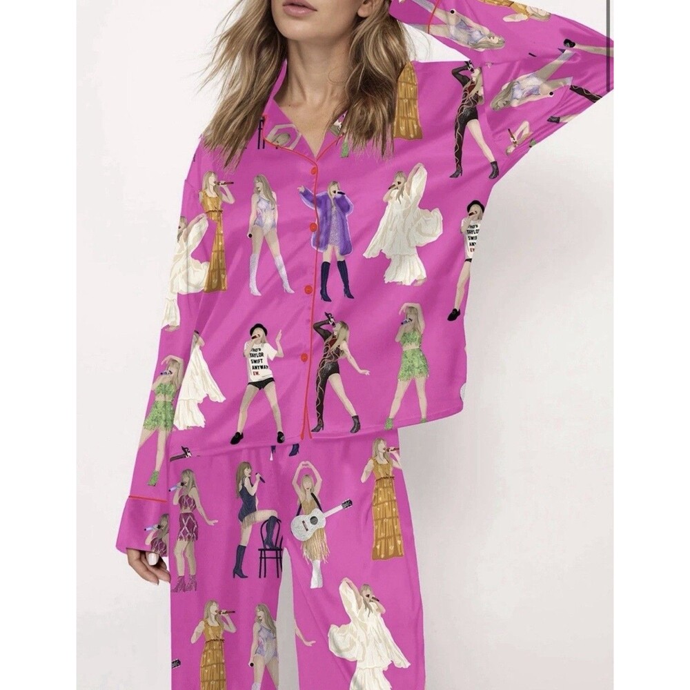 Sheshow Taylor Swift Eras Tour Satin Long Button Up Pajama Set Size Small NWT